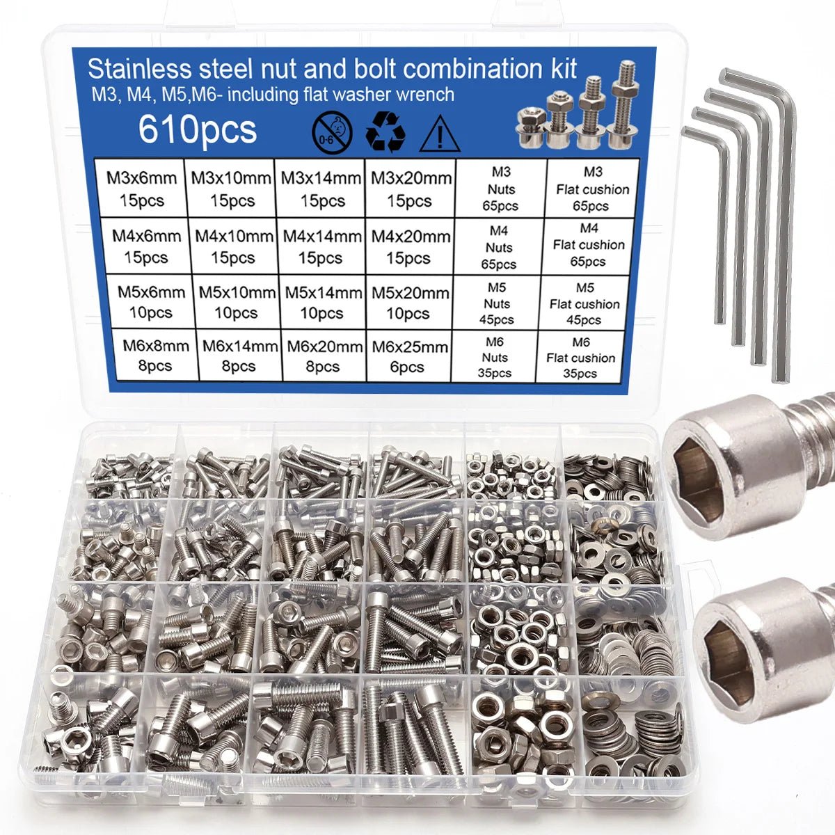 610Pcs M3 M4 M5 M6 Stainless Steel Bolt Nut Kit, Hexagonal Screw Classification Kit, Hexagonal Screw Nut Flat Washer Spring Washer Set, Locking Nut Bolt DIY Tool Kit - Checkouts USA