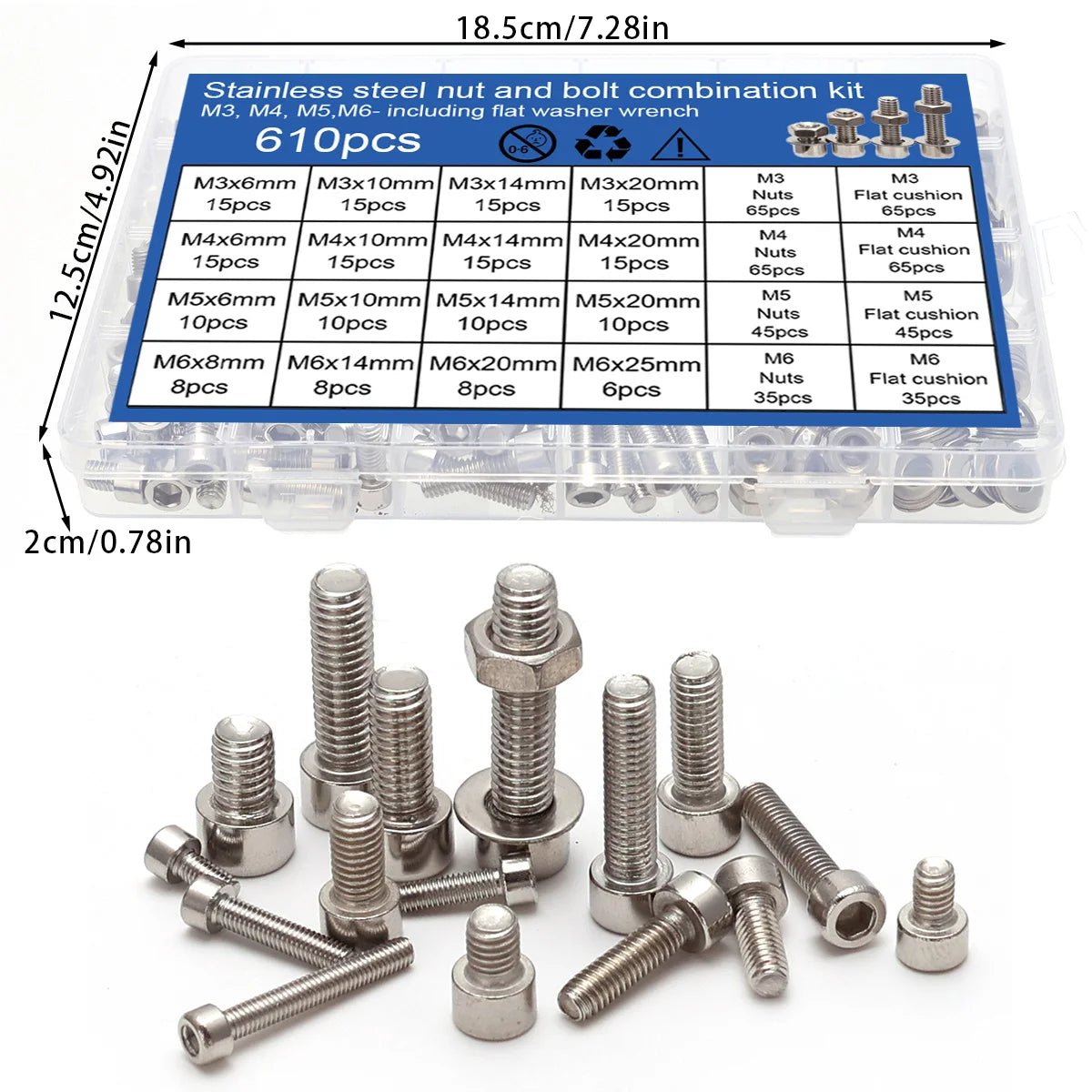 610Pcs M3 M4 M5 M6 Stainless Steel Bolt Nut Kit, Hexagonal Screw Classification Kit, Hexagonal Screw Nut Flat Washer Spring Washer Set, Locking Nut Bolt DIY Tool Kit - Checkouts USA