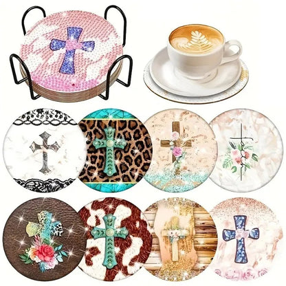 8 pieces/set of diamond painting coaster set, DIY coaster with holder, suitable for beginners and adults as diamond craft gifts - Checkouts UK