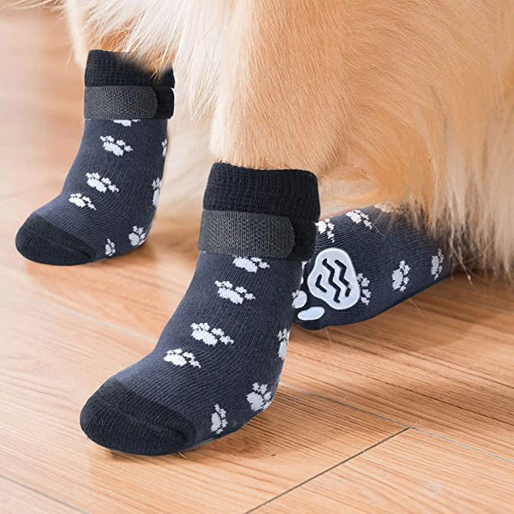 Anti - Slip Dog Socks 4pcs Paw Protector Traction Control Adjustable Indoor Wear Knitted Pet Socks with Rubber Reinforcement - Checkouts UK