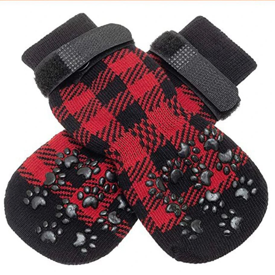Anti - Slip Dog Socks 4pcs Paw Protector Traction Control Adjustable Indoor Wear Knitted Pet Socks with Rubber Reinforcement - Checkouts UK