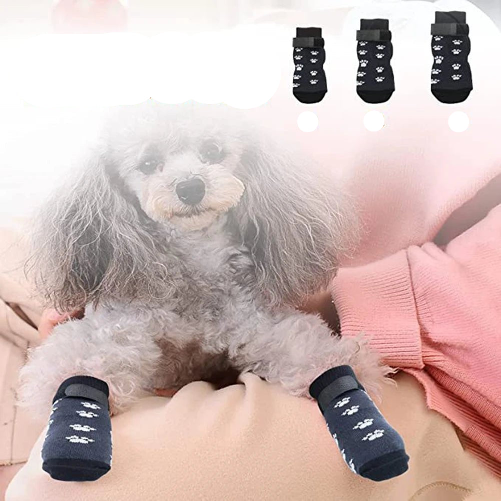Anti - Slip Dog Socks 4pcs Paw Protector Traction Control Adjustable Indoor Wear Knitted Pet Socks with Rubber Reinforcement - Checkouts UK