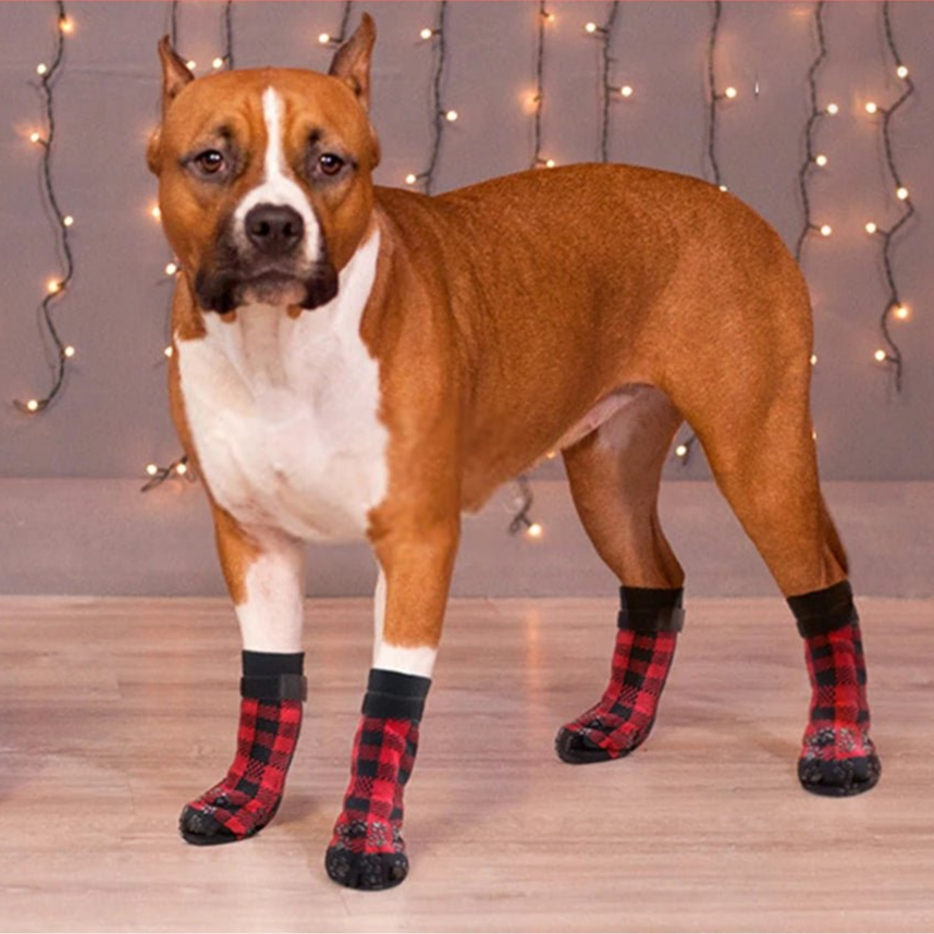 Anti - Slip Dog Socks 4pcs Paw Protector Traction Control Adjustable Indoor Wear Knitted Pet Socks with Rubber Reinforcement - Checkouts UK