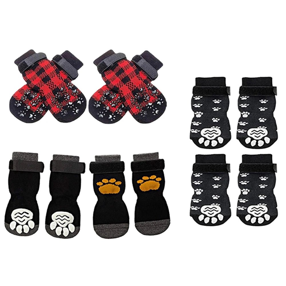 Anti - Slip Dog Socks 4pcs Paw Protector Traction Control Adjustable Indoor Wear Knitted Pet Socks with Rubber Reinforcement - Checkouts UK