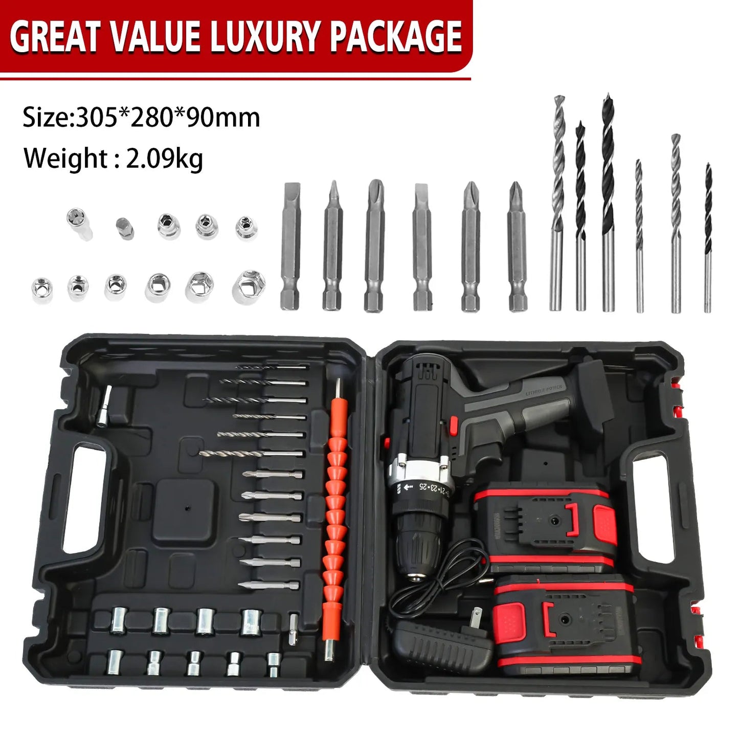 Cordless Drill Impact Driver 21V with 2 Batteries Lithium - Ion and Charger for Drilling Screw Tightening/Loosening Power Tool - Checkouts USA