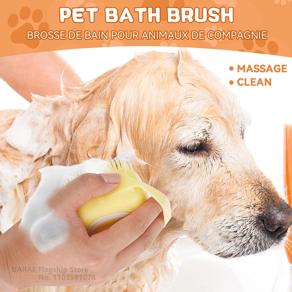 Dog Bathing Brush Pet Massage Brush Shampoo Dispenser Soft Silicone Brush Rubber Bristle for Dogs and Cats Shower Grooming Tool - Checkouts UK