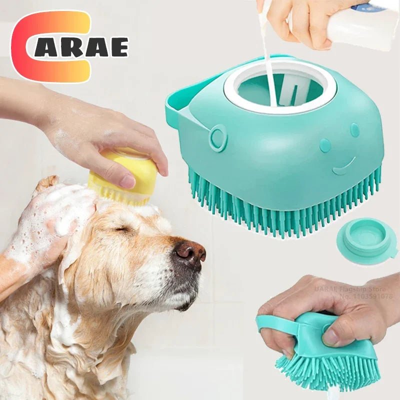 Dog Bathing Brush Pet Massage Brush Shampoo Dispenser Soft Silicone Brush Rubber Bristle for Dogs and Cats Shower Grooming Tool - Checkouts UK