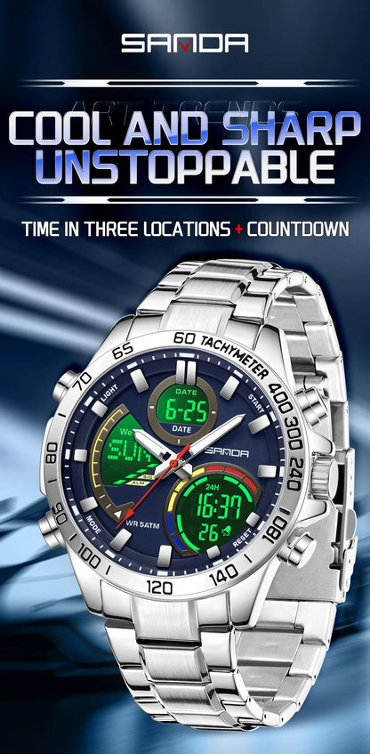 Electronic Cool Watch Waterproof Alarm Clock Multi functional Steel Band Men's Fashion Trend Watch - Checkouts USA