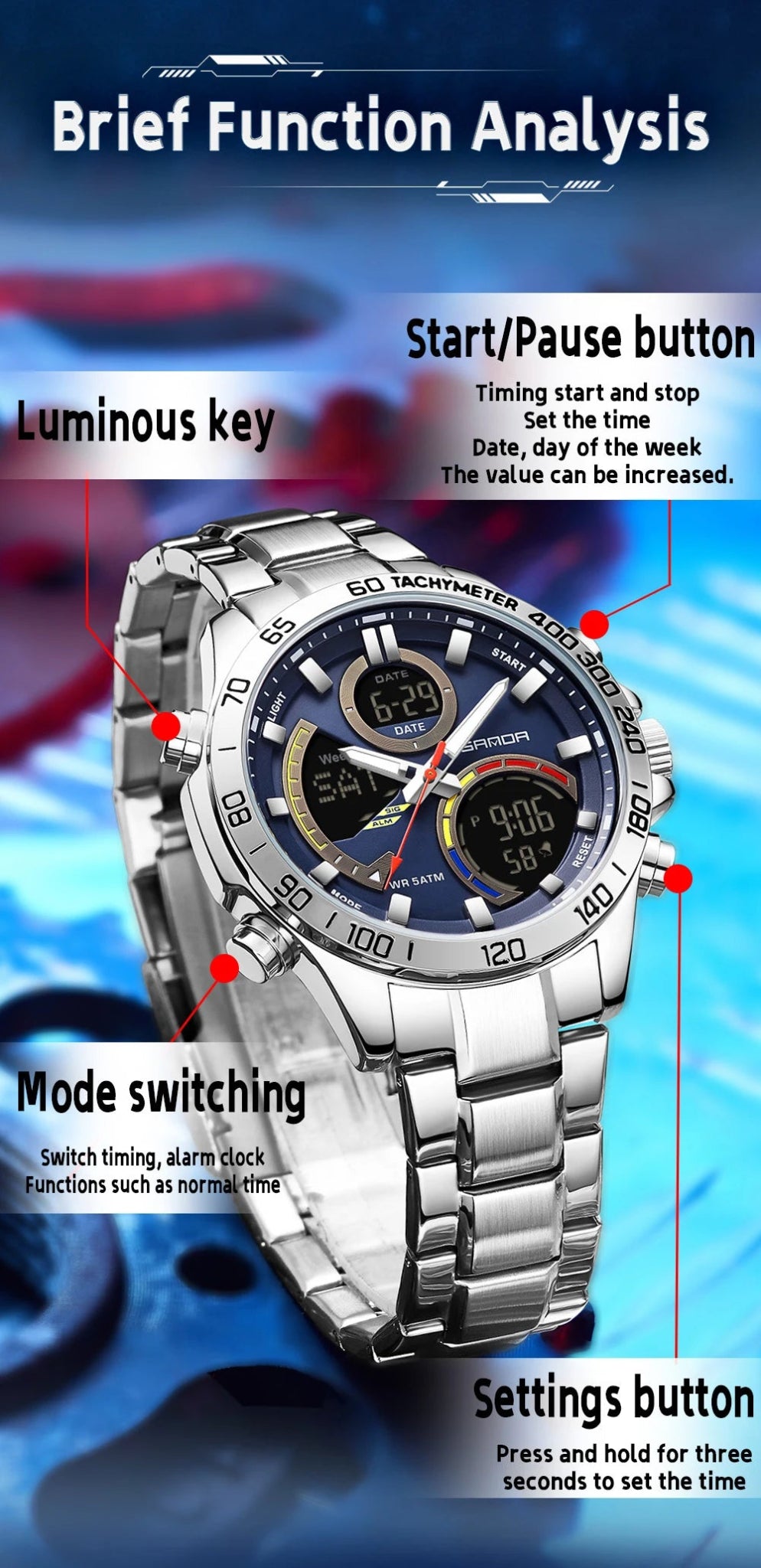 Electronic Cool Watch Waterproof Alarm Clock Multi functional Steel Band Men's Fashion Trend Watch - Checkouts USA