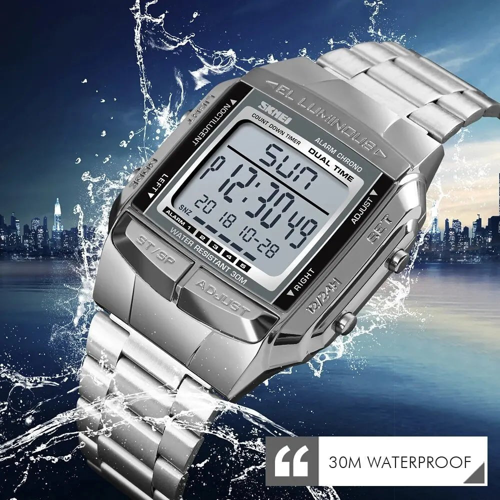 Fashion Back Light Digital Sports Watch Men Stainless Steel Strap Alarm Clock Countdown Glass Mirror Wristwatch Clock - Checkouts USA