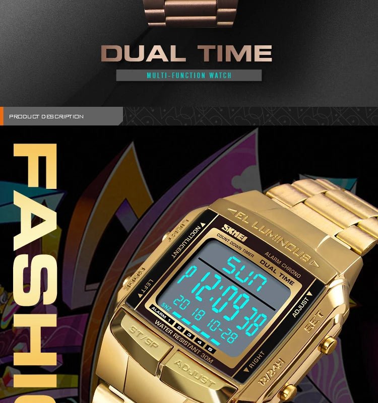 Fashion Back Light Digital Sports Watch Men Stainless Steel Strap Alarm Clock Countdown Glass Mirror Wristwatch Clock - Checkouts USA