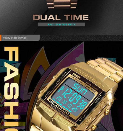 Fashion Back Light Digital Sports Watch Men Stainless Steel Strap Alarm Clock Countdown Glass Mirror Wristwatch Clock - Checkouts USA