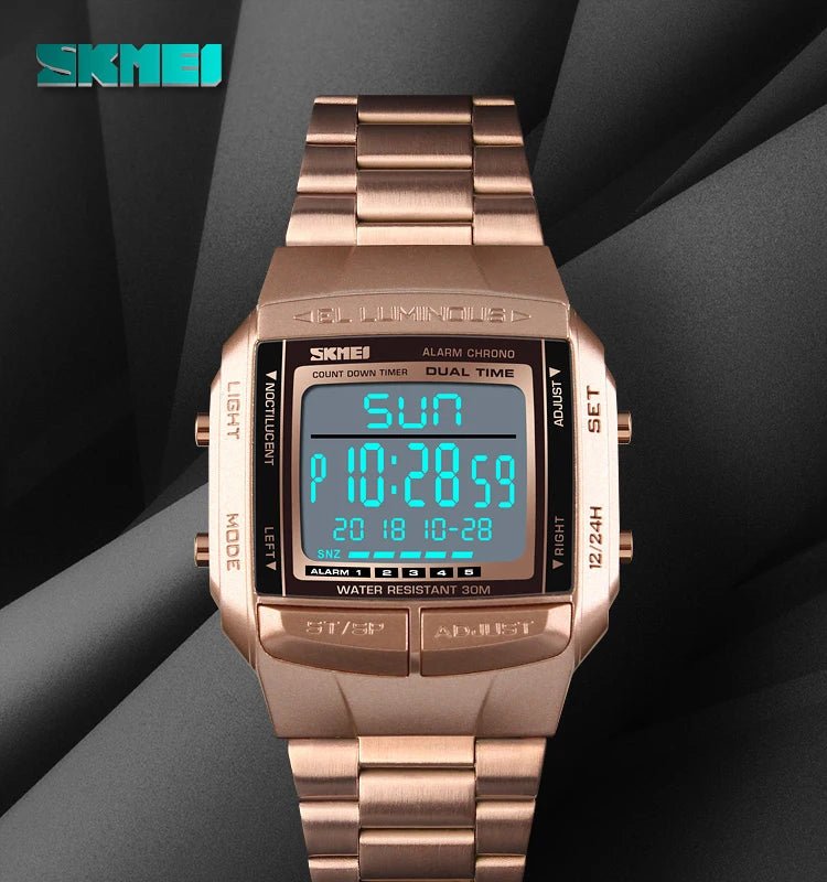 Fashion Back Light Digital Sports Watch Men Stainless Steel Strap Alarm Clock Countdown Glass Mirror Wristwatch Clock - Checkouts USA