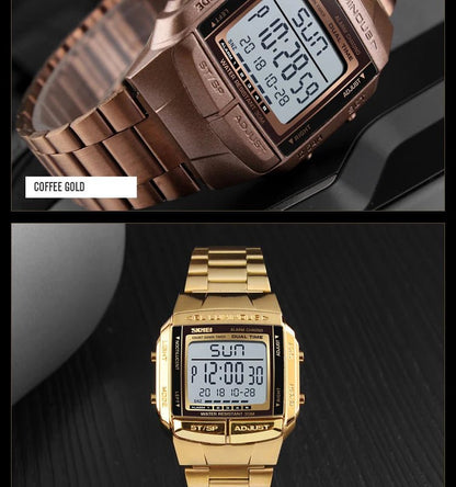 Fashion Back Light Digital Sports Watch Men Stainless Steel Strap Alarm Clock Countdown Glass Mirror Wristwatch Clock - Checkouts USA