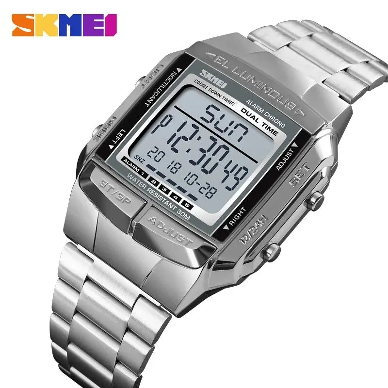 Fashion Back Light Digital Sports Watch Men Stainless Steel Strap Alarm Clock Countdown Glass Mirror Wristwatch Clock - Checkouts USA
