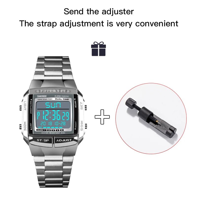 Fashion Back Light Digital Sports Watch Men Stainless Steel Strap Alarm Clock Countdown Glass Mirror Wristwatch Clock - Checkouts USA