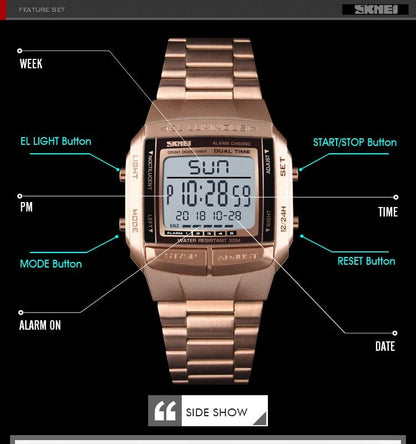 Fashion Back Light Digital Sports Watch Men Stainless Steel Strap Alarm Clock Countdown Glass Mirror Wristwatch Clock - Checkouts USA