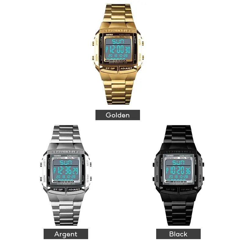 Fashion Back Light Digital Sports Watch Men Stainless Steel Strap Alarm Clock Countdown Glass Mirror Wristwatch Clock - Checkouts USA