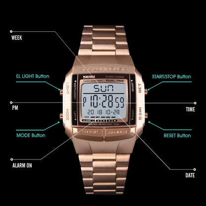 Fashion Back Light Digital Sports Watch Men Stainless Steel Strap Alarm Clock Countdown Glass Mirror Wristwatch Clock - Checkouts USA