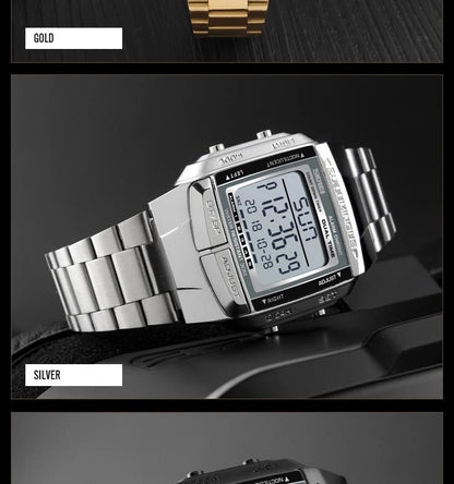 Fashion Back Light Digital Sports Watch Men Stainless Steel Strap Alarm Clock Countdown Glass Mirror Wristwatch Clock - Checkouts USA