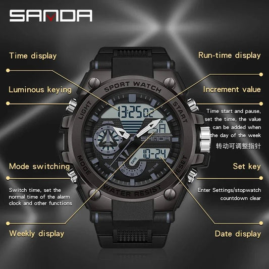 Fashion Dual Display Men's Electronic Watch Military Outdoor Sports Stopwatch Alarm Clock LED Analog Digital Men Watch - Checkouts USA