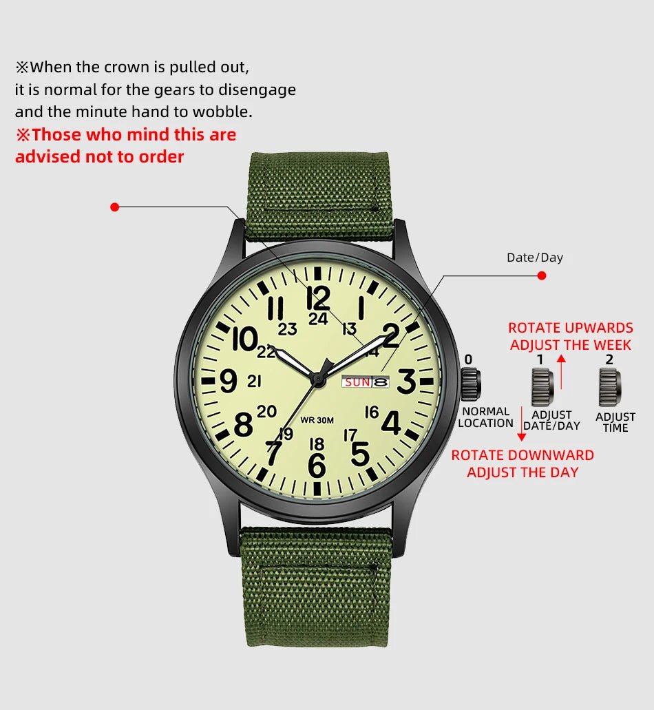 Field Watch Easy Reading Fabric Strap 24 Hours Display Quartz Movement - Checkouts USA
