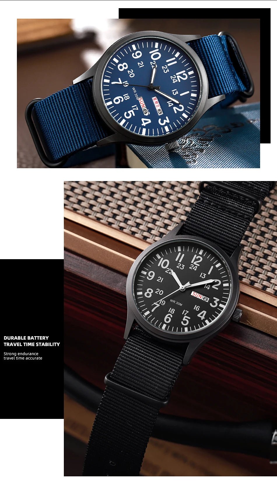 Field Watch Easy Reading Fabric Strap 24 Hours Display Quartz Movement - Checkouts USA