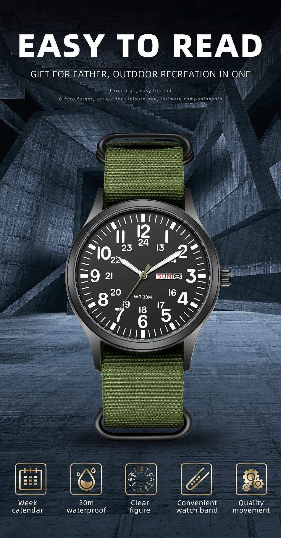 Field Watch Easy Reading Fabric Strap 24 Hours Display Quartz Movement - Checkouts USA