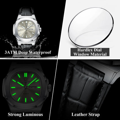 High Quality Watch For Men Luxury Luminous Waterproof Week Calendar Man Clock Leather Square Men's Quartz Watches Reloj - Checkouts USA