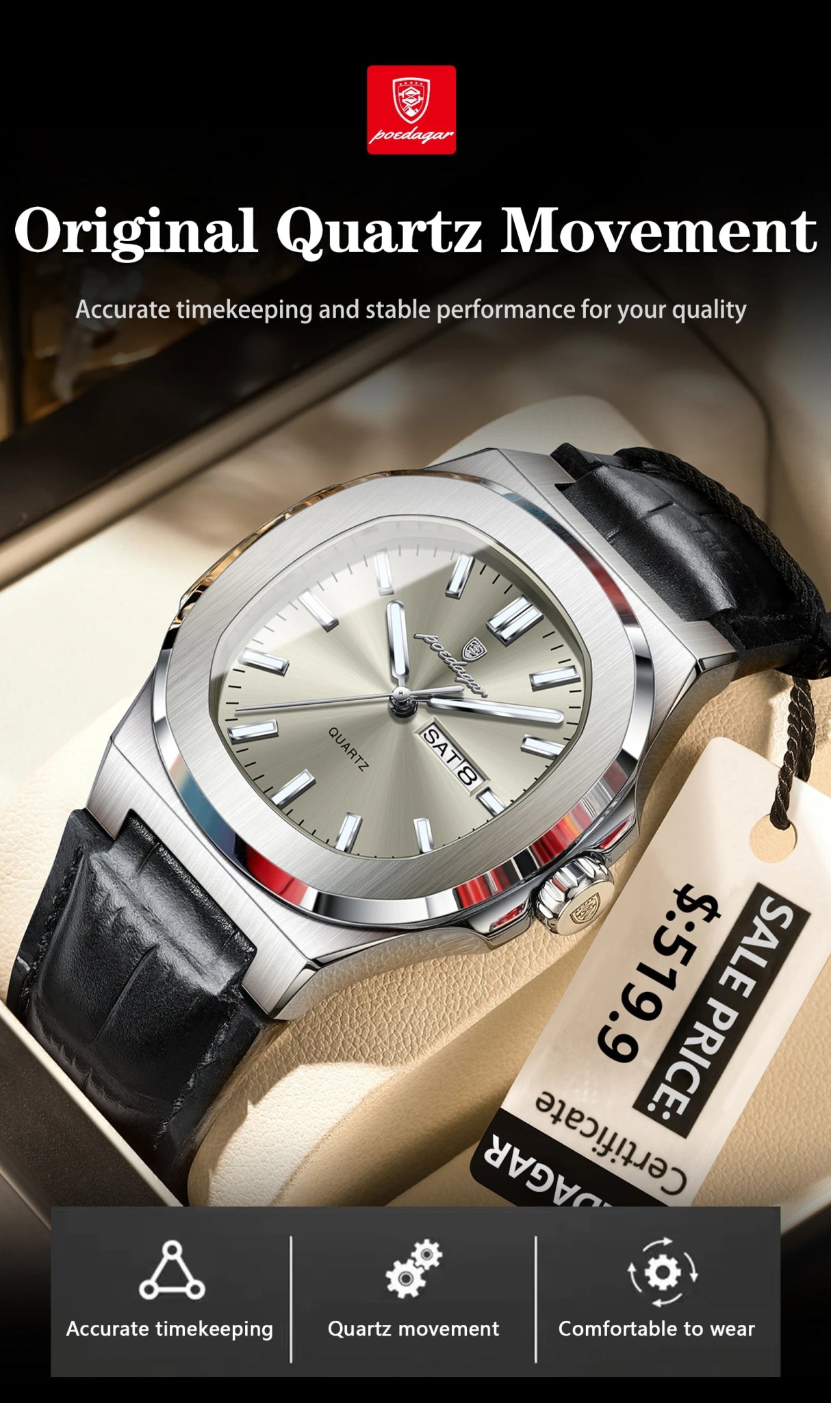 High Quality Watch For Men Luxury Luminous Waterproof Week Calendar Man Clock Leather Square Men's Quartz Watches Reloj - Checkouts USA