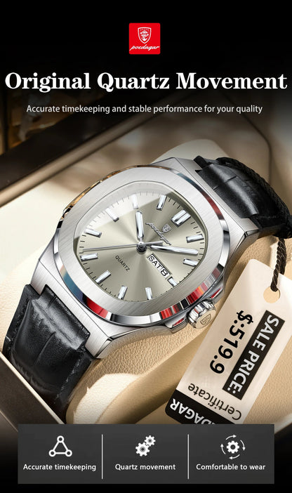 High Quality Watch For Men Luxury Luminous Waterproof Week Calendar Man Clock Leather Square Men's Quartz Watches Reloj - Checkouts USA