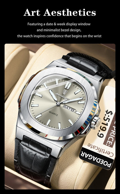 High Quality Watch For Men Luxury Luminous Waterproof Week Calendar Man Clock Leather Square Men's Quartz Watches Reloj - Checkouts USA