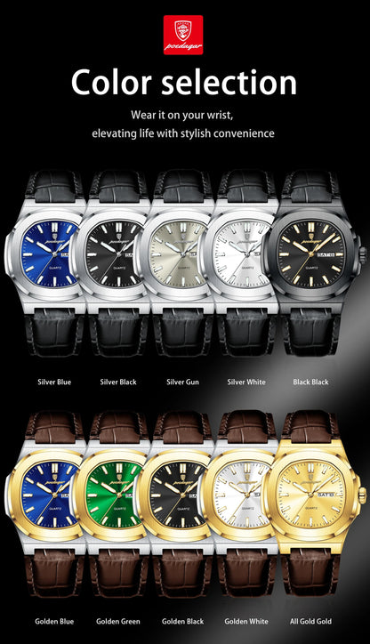 High Quality Watch For Men Luxury Luminous Waterproof Week Calendar Man Clock Leather Square Men's Quartz Watches Reloj - Checkouts USA