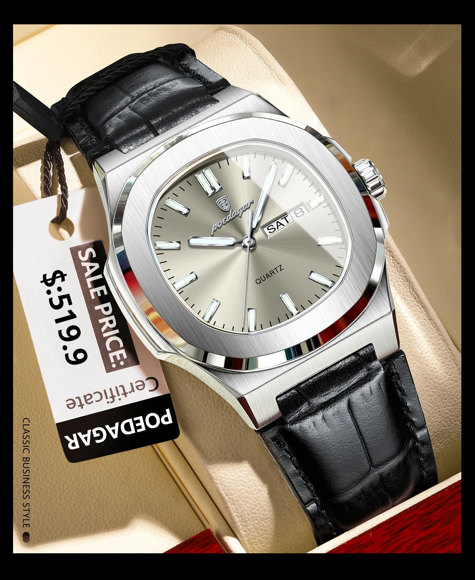 High Quality Watch For Men Luxury Luminous Waterproof Week Calendar Man Clock Leather Square Men's Quartz Watches Reloj - Checkouts USA