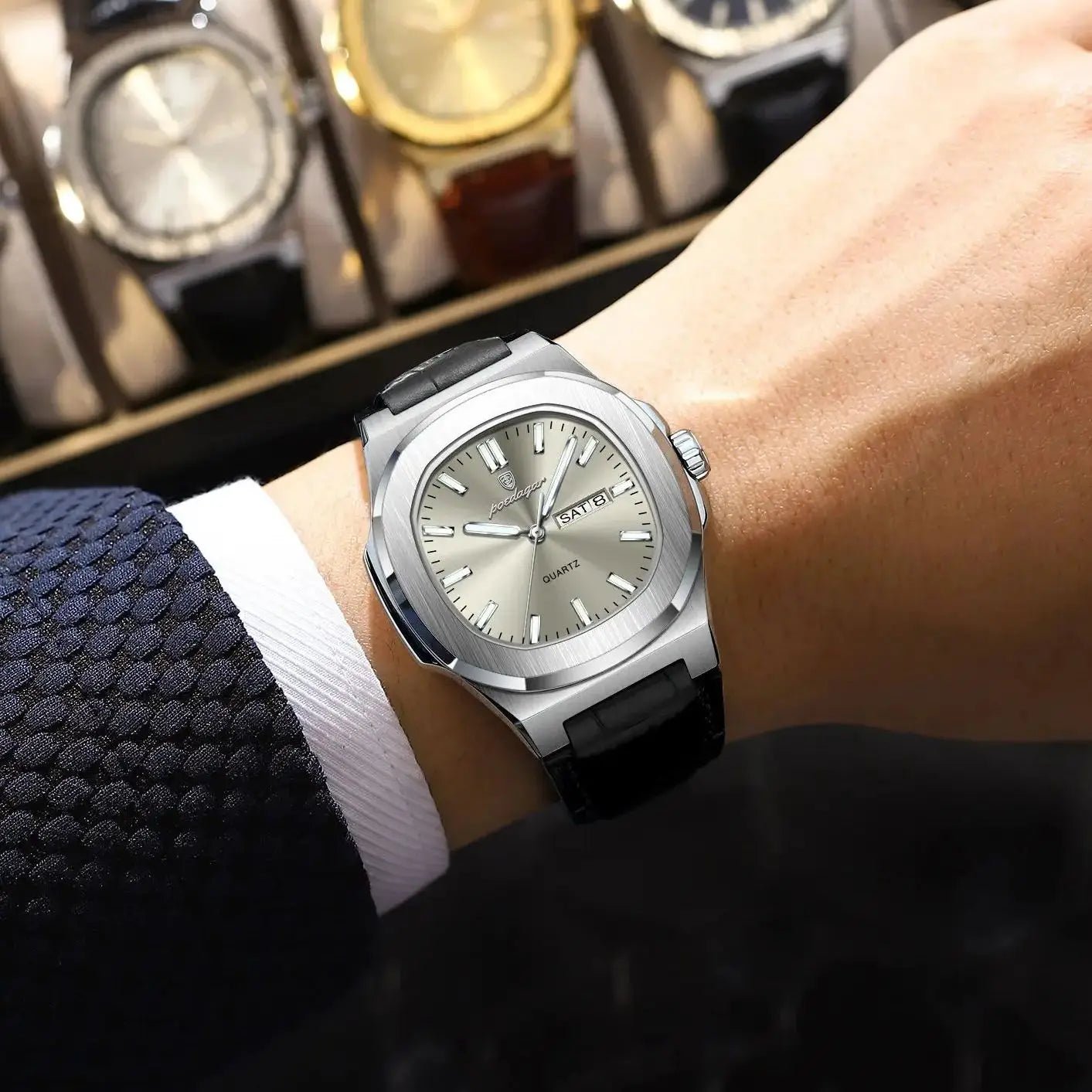 High Quality Watch For Men Luxury Luminous Waterproof Week Calendar Man Clock Leather Square Men's Quartz Watches Reloj - Checkouts USA