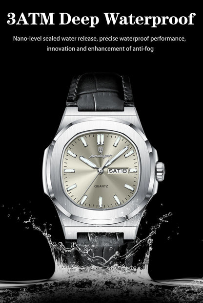 High Quality Watch For Men Luxury Luminous Waterproof Week Calendar Man Clock Leather Square Men's Quartz Watches Reloj - Checkouts USA