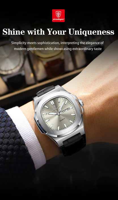 High Quality Watch For Men Luxury Luminous Waterproof Week Calendar Man Clock Leather Square Men's Quartz Watches Reloj - Checkouts USA