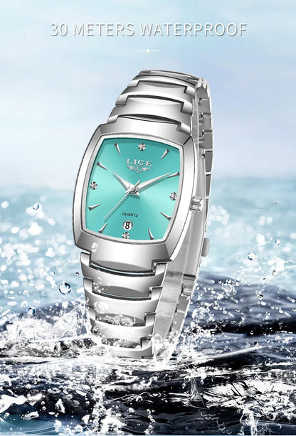 LIGE Elegant Square Women Watch Fashion Waterproof Quartz Wristwatch Luxury Stainless Steel Calendar Classic Ladies Watches+Box - Checkouts USA