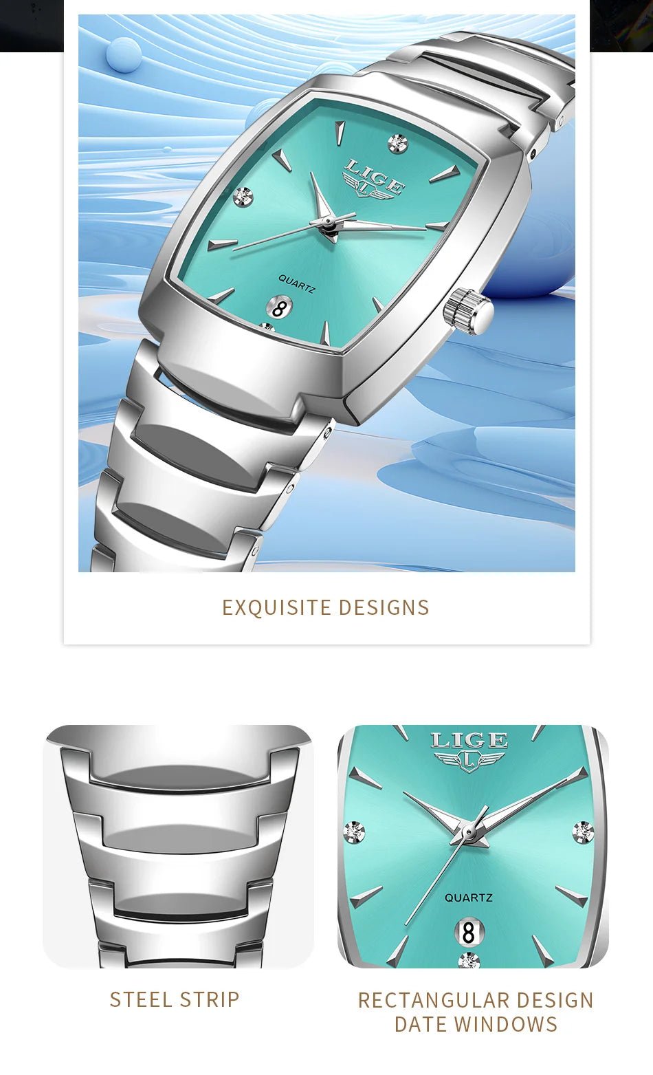 LIGE Elegant Square Women Watch Fashion Waterproof Quartz Wristwatch Luxury Stainless Steel Calendar Classic Ladies Watches+Box - Checkouts USA