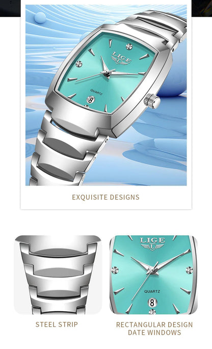 LIGE Elegant Square Women Watch Fashion Waterproof Quartz Wristwatch Luxury Stainless Steel Calendar Classic Ladies Watches+Box - Checkouts USA
