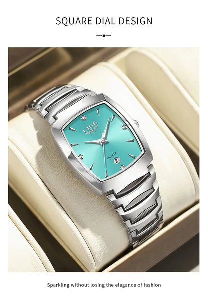 LIGE Elegant Square Women Watch Fashion Waterproof Quartz Wristwatch Luxury Stainless Steel Calendar Classic Ladies Watches+Box - Checkouts USA