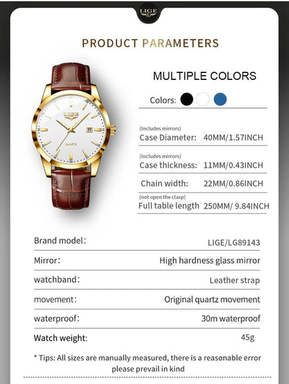 LIGE Man Watch Fashion Leather Strap Mens Watches Military Sport Waterproof Calendar Quartz Wristwatches Male Clock Reloj Hombre - Checkouts USA
