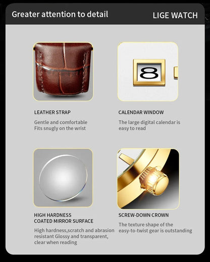 LIGE Man Watch Fashion Leather Strap Mens Watches Military Sport Waterproof Calendar Quartz Wristwatches Male Clock Reloj Hombre - Checkouts USA