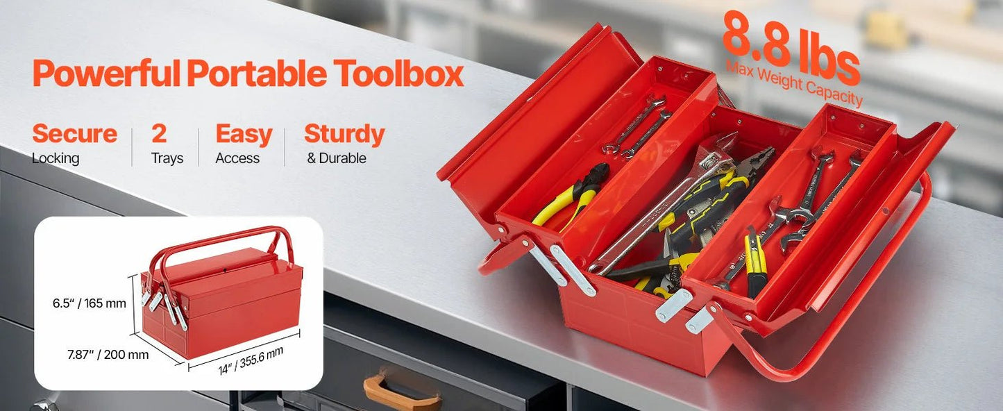 Metal Tool Box 2 - Tier 3 - Tray Portable Folding Tool Chest Organizer with Handle & Lock Toolbox for Factory Repair Shop - Checkouts USA