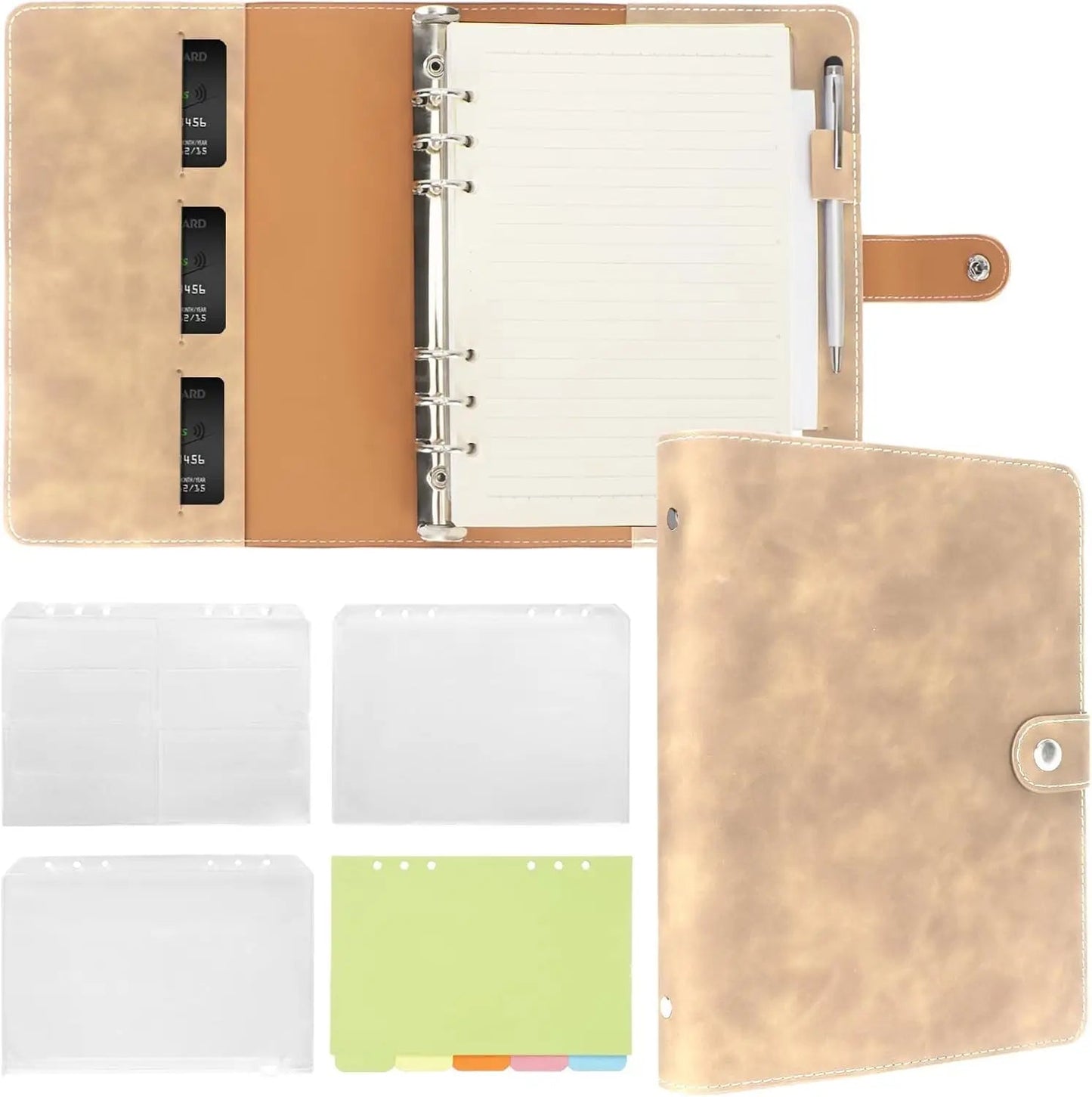 New Leather A5 Binder 6 Ring Binder Notebook - PU Leather Refillable Notebook with Binder Pockets, Dividers, Refill Paper - Checkouts USA