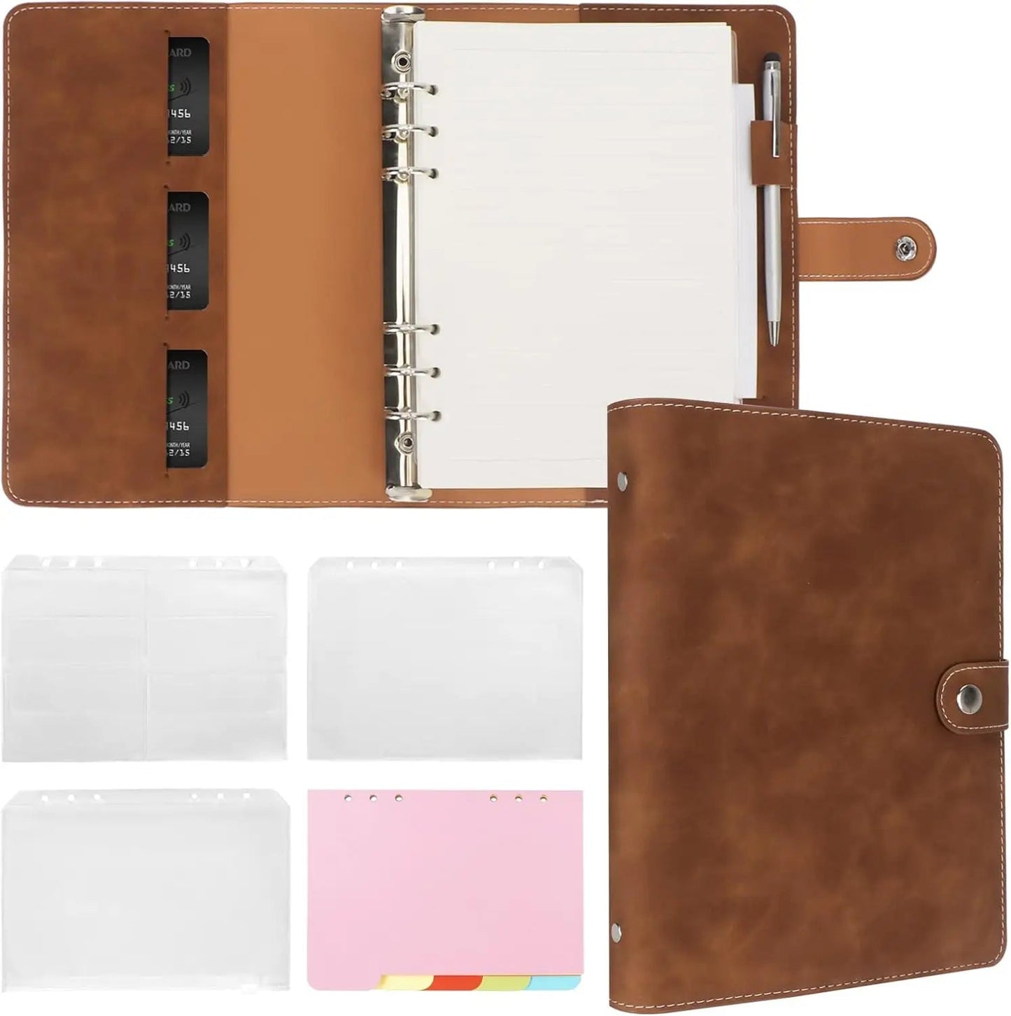 New Leather A5 Binder 6 Ring Binder Notebook - PU Leather Refillable Notebook with Binder Pockets, Dividers, Refill Paper - Checkouts USA