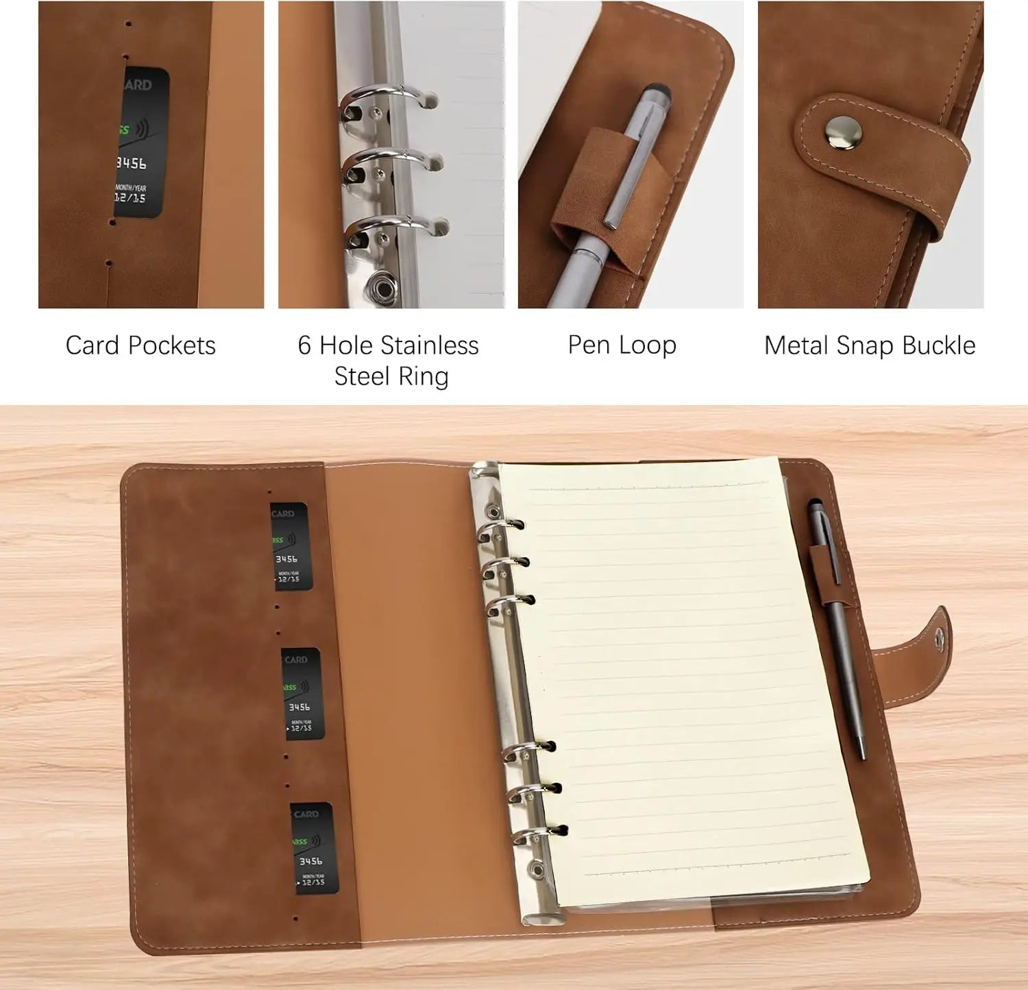 New Leather A5 Binder 6 Ring Binder Notebook - PU Leather Refillable Notebook with Binder Pockets, Dividers, Refill Paper - Checkouts USA