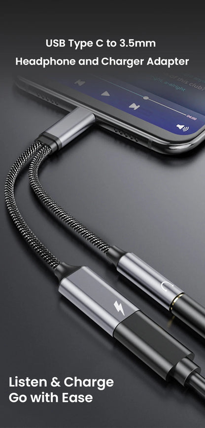 NIERBO 2 in 1 USB C to 3.5mm Headphone and Charger Adapter USB C PD 3.0 Port to Aux Audio Jack Fast Charging Dongle Cable Cord - Checkouts UK