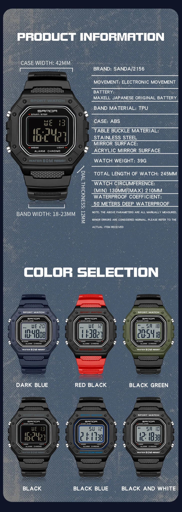 SANDA 2156 Fashion Mens Watch Military Water Resistant Sport Watches Army Big Dial Led Digital Wristwatches Stopwatches For Male - Checkouts USA