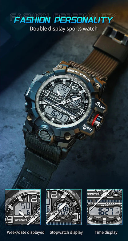 SANDA 3133 Week Day Display Digital Analog Watch Alarm Mode Teenager Student Electronic Wrist Clock Trendy Fashion Waterproof - Checkouts USA